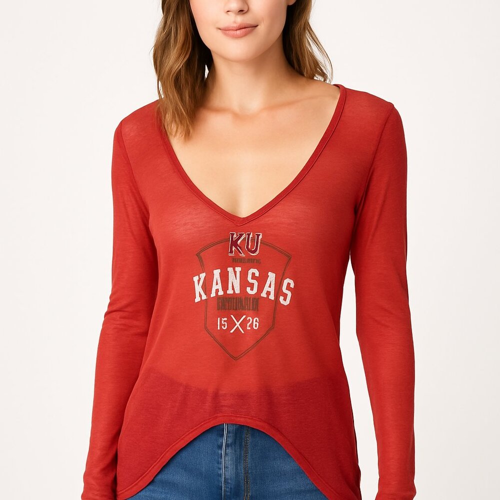 Venley Shirt Kansas Jayhawks‎ Red Lightweight Womens V-Neck Long Sleeve Size S